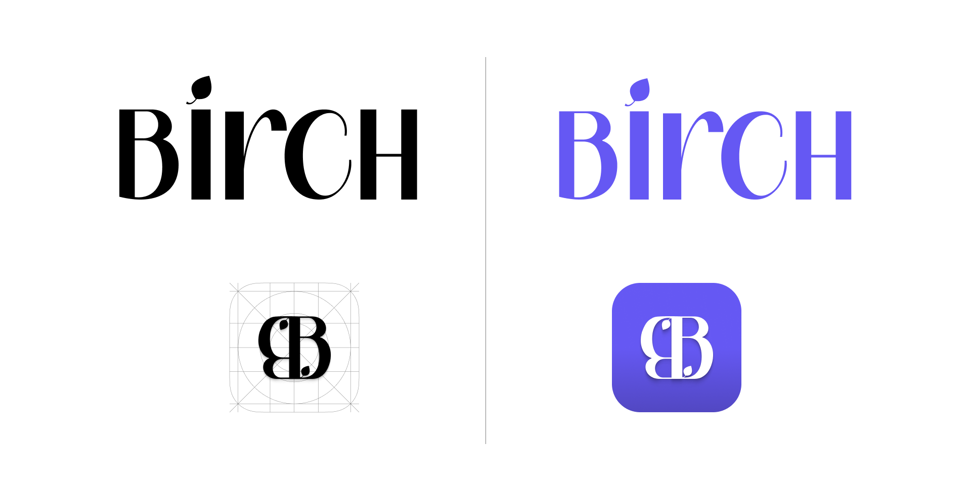 Birch wordmark in black and purple with a leaf dotting the i, beside the BB monogram app icon shown on its construction grid and as the final purple tile