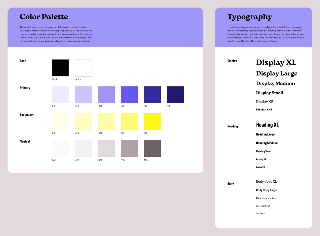 Design system atoms: the color palette with base, primary purple, secondary yellow, and neutral ramps, beside the typography page showing the Roca display scale over Belarius Sans headings and body copy