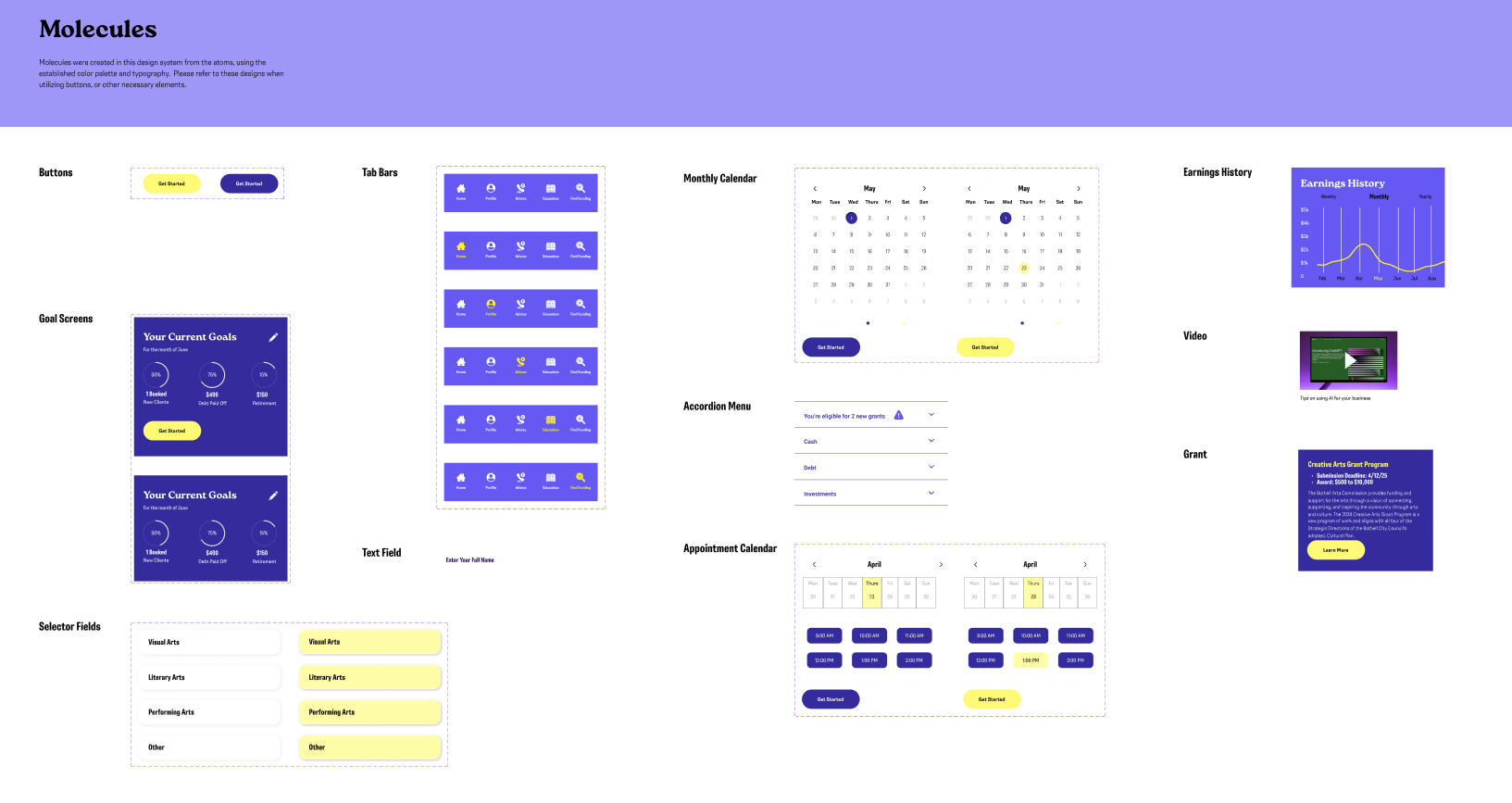 Design system molecules built from the atoms: buttons, tab bars, selector fields, goal-ring cards, monthly and appointment calendars, accordion menus, the earnings history chart, and grant and video cards