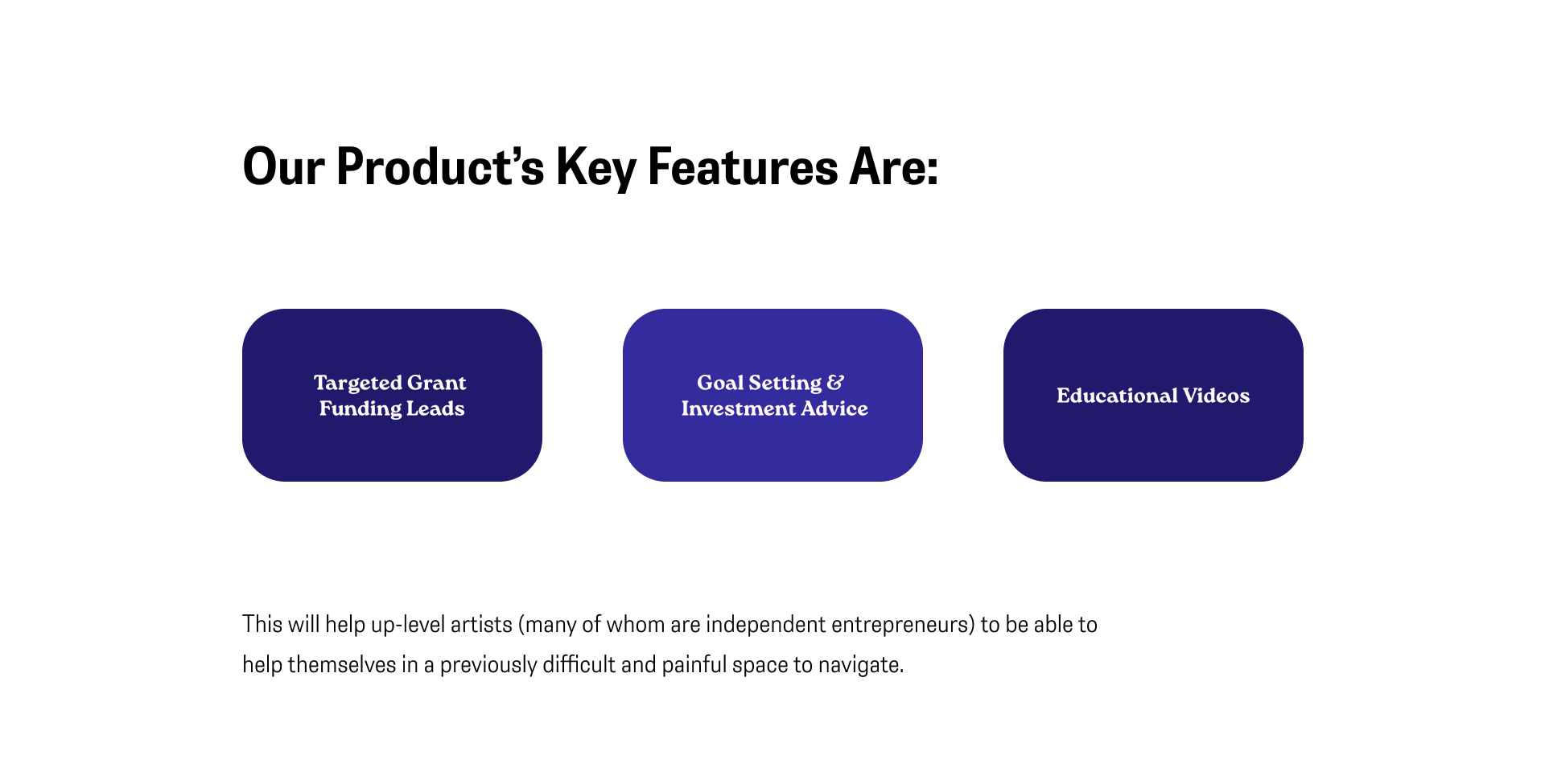 Birch key features: targeted grant funding leads, goal setting and investment advice (the one-on-one advisor and the value-first onboarding), and educational videos, framed as helping artists who are independent entrepreneurs navigate a previously difficult space