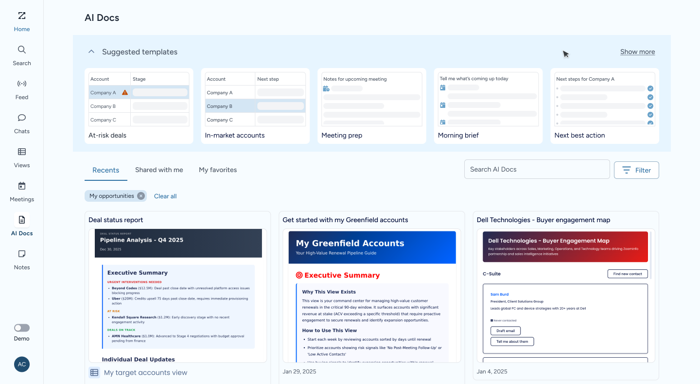 AI Docs gallery filtered to a single company account
