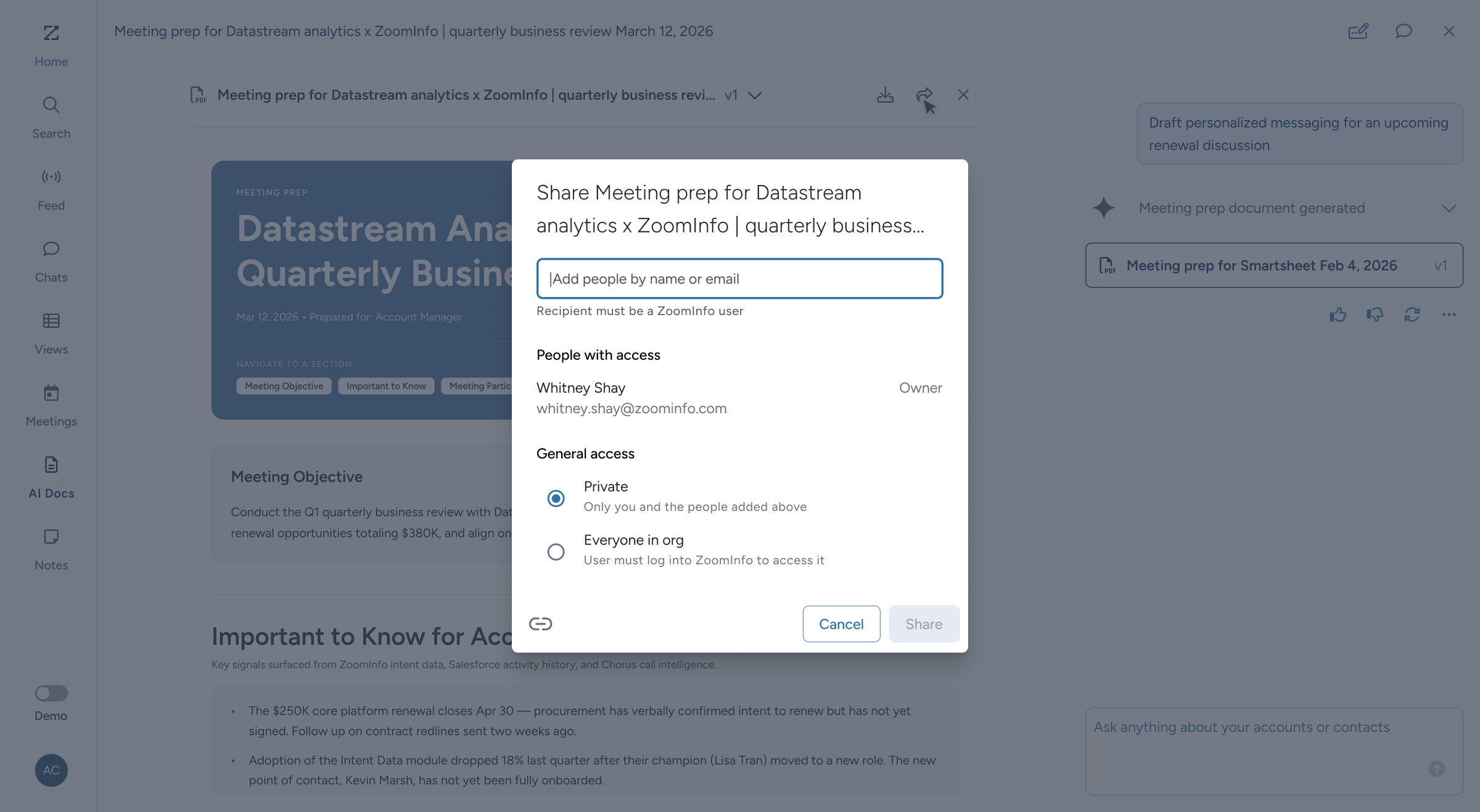 Share dialog over a generated document