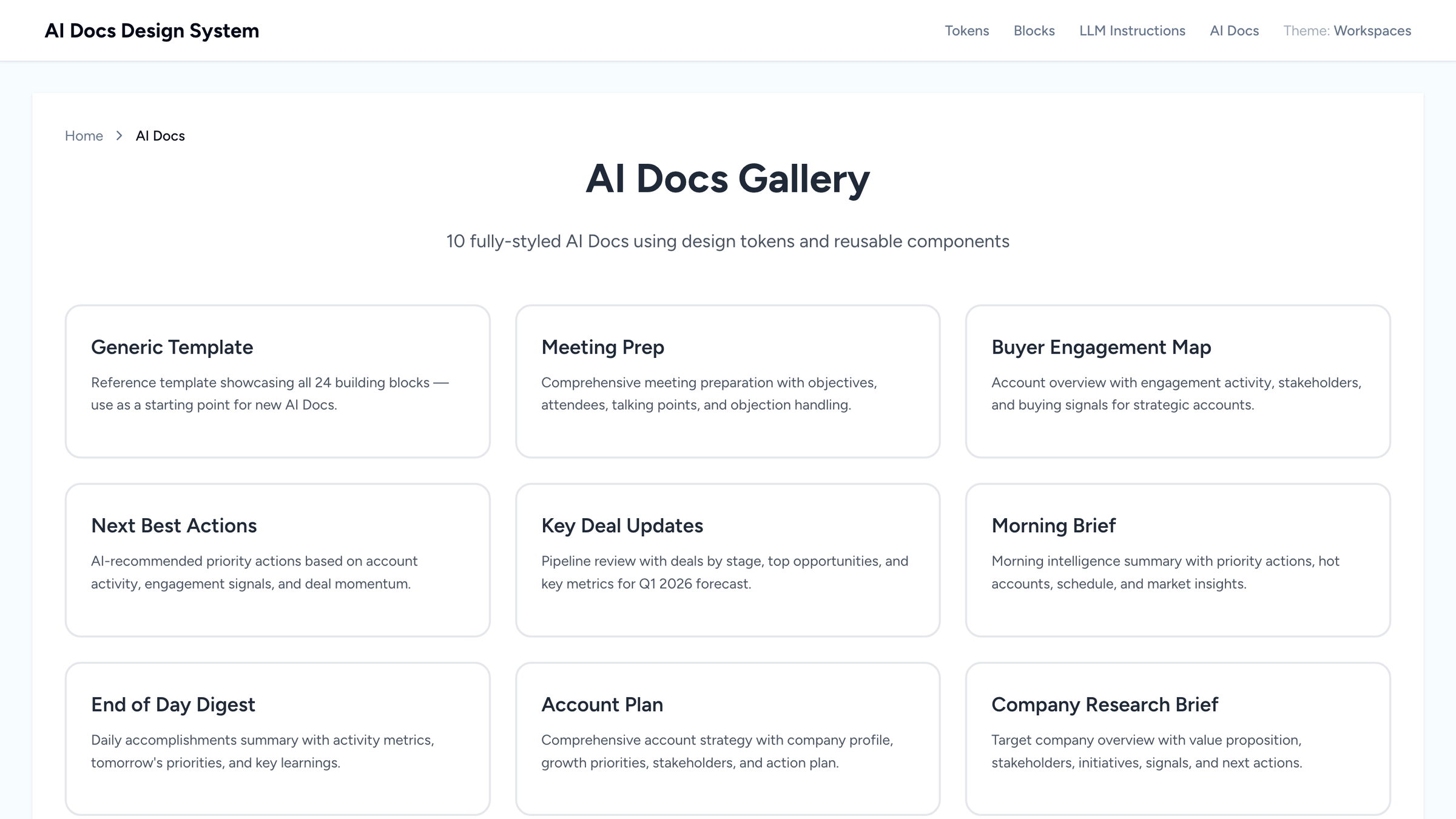 AI Docs gallery of 10 fully styled templates built from tokens and blocks
