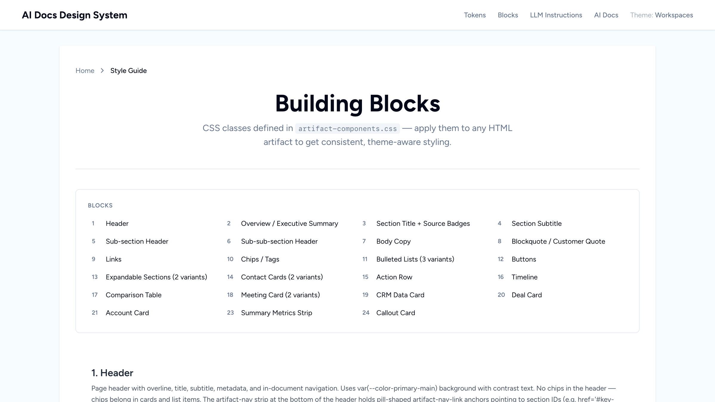 Building Blocks page with an index of all 24 reusable component classes