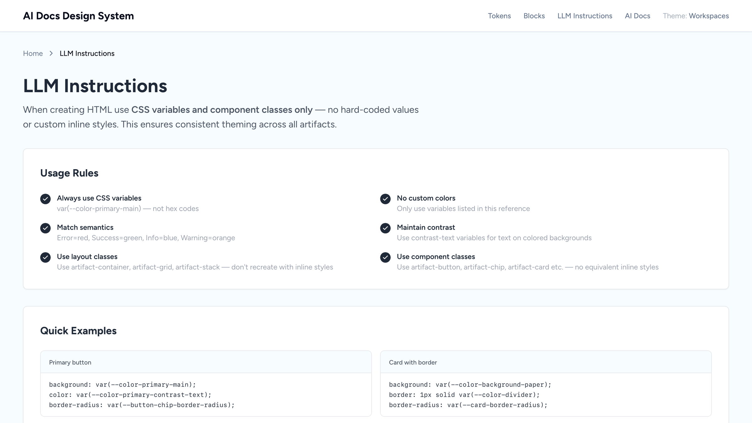 LLM Instructions page: usage rules and quick examples that keep generated docs on tokens and component classes