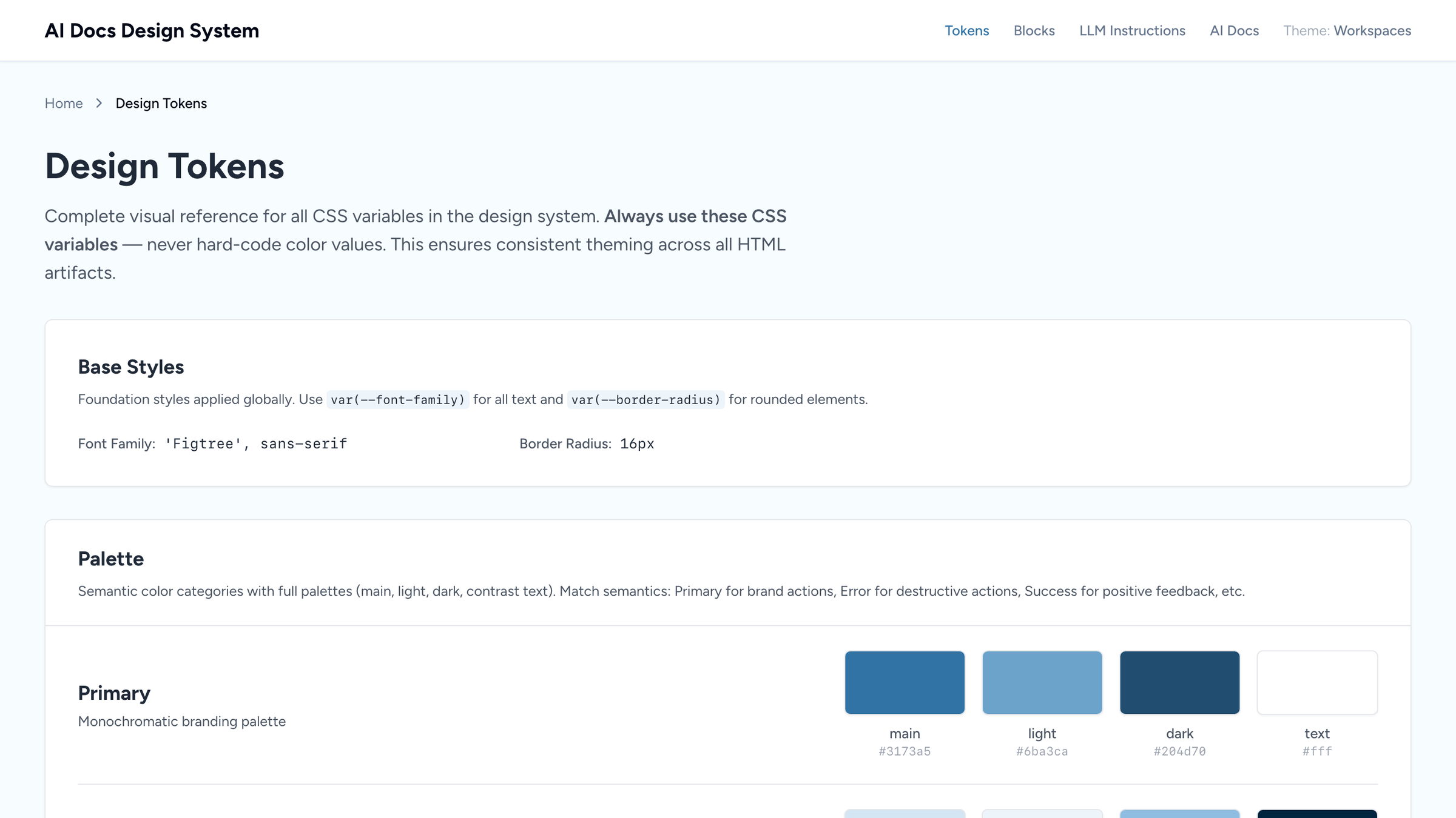 Design Tokens reference page: base styles and the primary color palette defined as CSS variables