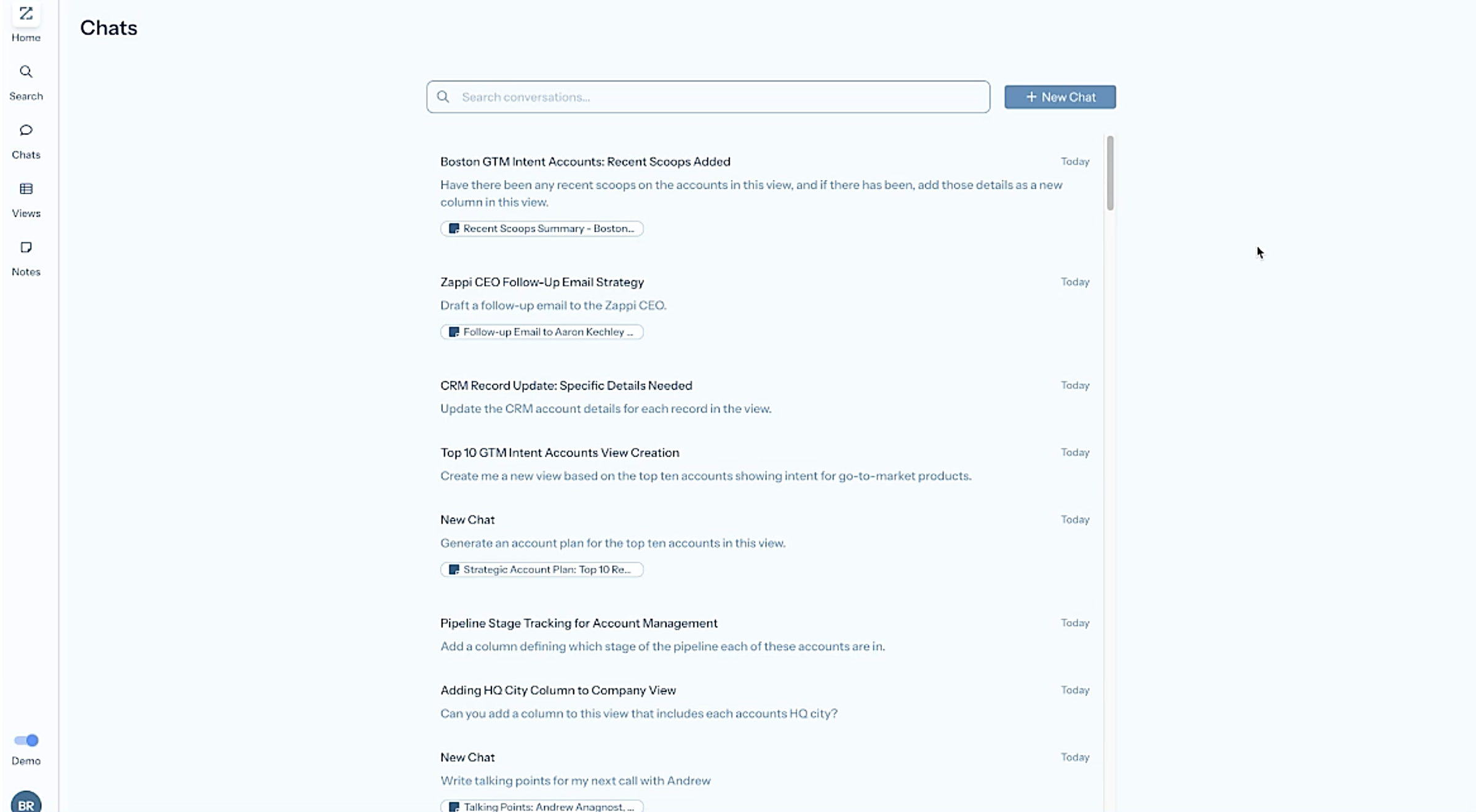 Legacy GTM Workspace chat history: a flat single-column feed of conversations all stamped Today, with no company tags, artifact counts, or sortable columns